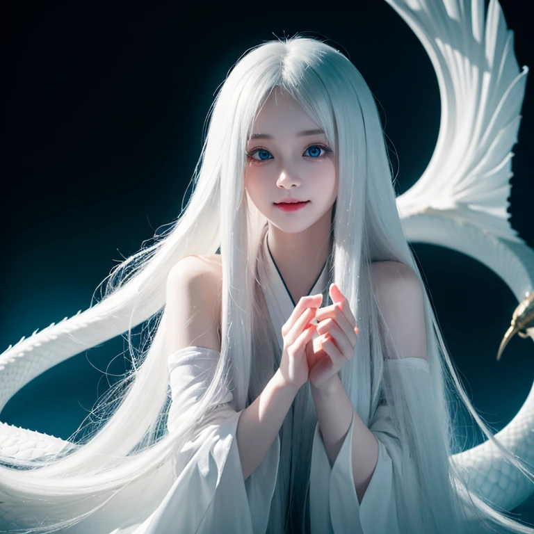 long white hair，girl，Smile，Petite and delicate，Blue eyes，Black simple clothing，Well-behaved and cute，Innocence，Innocent，Indifferent expression，gentle，邪异girl，Contrast，fangs，sacred background，whole body，individual，dragon