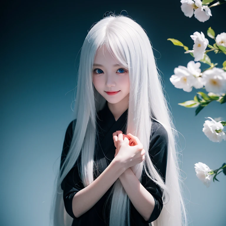 long white hair，girl，Smile，Petite and delicate，Blue eyes，Black simple clothing，Well-behaved and cute，Innocence，Innocent，Indifferent expression，gentle，邪异girl，Contrast，sacred background，whole body，individual