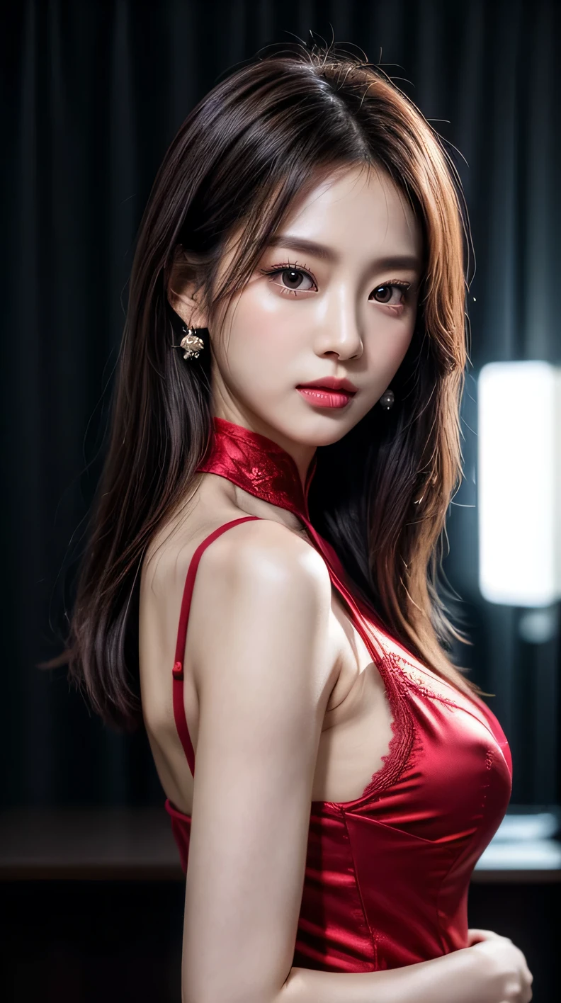 ((best quality, 8K, masterpiece: 1.3)), focus: 1.2, Wearing a emerald red cheongsam,8K ultra high definition，Masterpiece，RAW format photos，best picture quality，extreme details（1.2）：Realistic reproduction，8K resolution unifies extremely detailed CG，8K diamond level exquisiteness，Wallpaper-like visual impact，Has deep depth of field、Layered light and shadow effects、Lens flash、Ray tracing technology（Amazingly beautiful face、beautiful lips、beautiful eyes），The facial details are extremely delicate（Skin texture is extremely delicate）——Depicting Korean female models，in the dark night，in deep shadow，Charming Korean girl，Just like a K-pop idol（Extremely slim and tight figure：1.3），Shown from the audience’s perspective，Slip nightdress:1.3，Short clothing tailoring design，city night view，neon lights，Beautiful Korean girl in dark night atmosphere，Wear pearl stud earrings、lace pantyhose，eyes clear and bright，Walking posture，Has fair skin，Look directly at the front of the camera，Big eyes full of charm（Upper body close-up），Wearing a close-fitting silk cheongsam，A while，Back close-up，The overall image is extremely slim、Slim and elegant，Exquisite facial features，She looks a lot like actor Kim Hee Sun