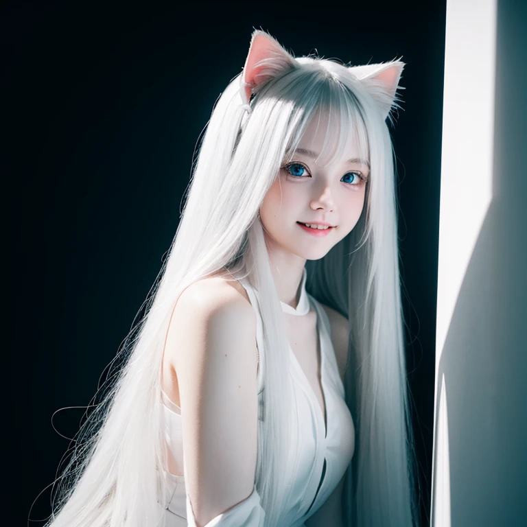 long white hair，loli，Smile，Petite and delicate，Blue eyes，Black simple clothing，Well-behaved and cute，Innocence，Innocent，Indifferent expression，gentle，Evil girl，Contrast，fangs，sacred background，whole body，individual，Cat