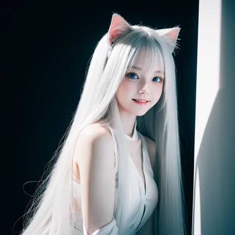 long white hair，loli，Smile，Petite and delicate，Blue eyes，Black simple clothing，Well-behaved and cute，Innocence，Innocent，Indiffer...