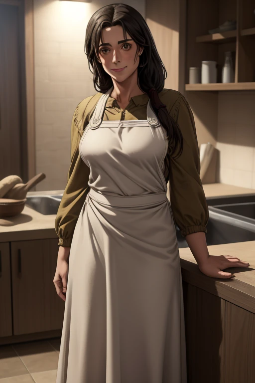 masterpiece, best quality, absurdres, perfect anatomy, 1girl, solo, Carla Yeager, long hair, hair over shoulder, apron, long skirt, smile