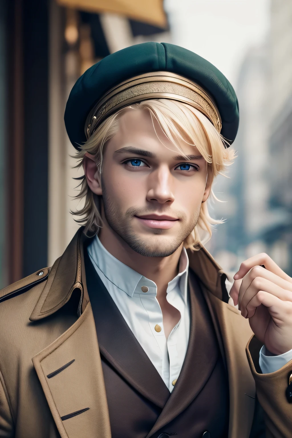 Beautiful blonde, full face, chin raised high, focused excited look, feather hat