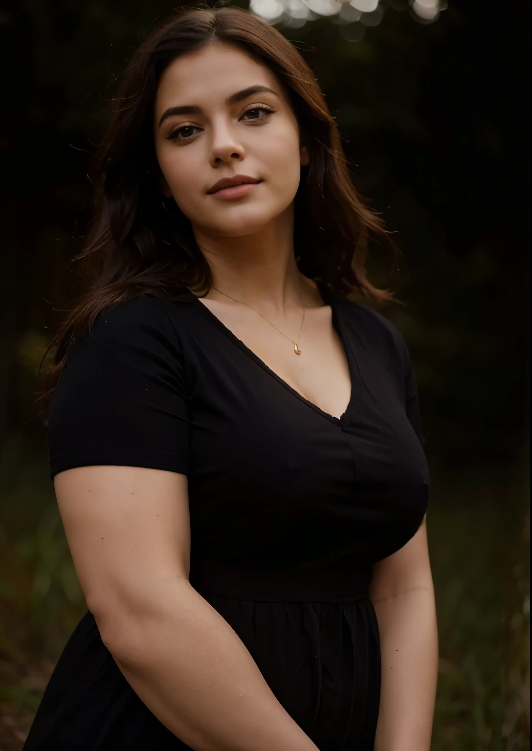 A woman in a black dress posing for a picture in a field - SeaArt AI