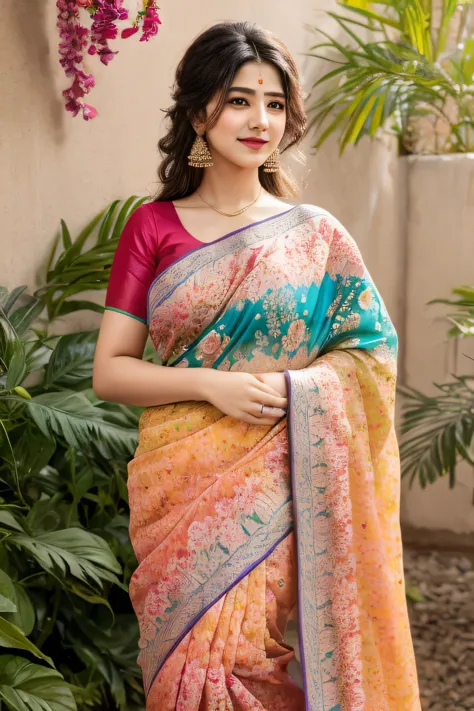 in a colorful floral saree