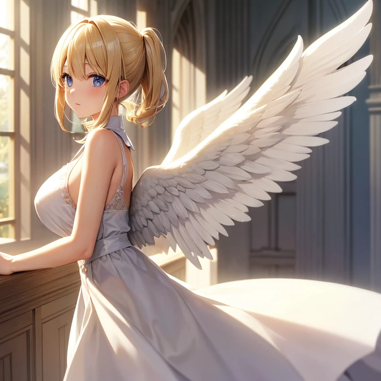 Angel,white clothes,Low exposure,cute face,high length,god々Palace of,blonde,outstanding style,sunlight,Angelの輪,large wings