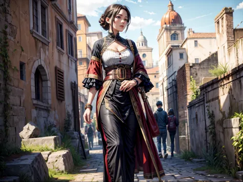 roman noblewoman is walking to the ancient rome street