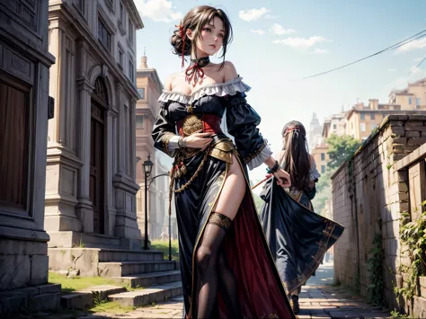 roman noblewoman is walking to the ancient rome street