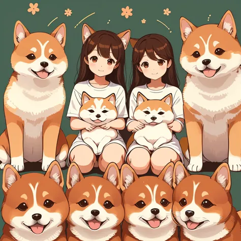 illustration of adorable shiba inu、movmov、front facing、puppies、