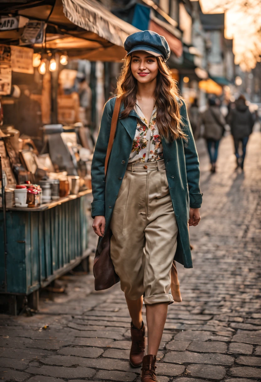 A beautiful 20 years old woman donning spring costume and newsboy cap walks on a sidewalk of the town with radiant positive expression, insanely detailed roadside street food stalls and coffee shops, vibrant early evening scene, professional street photography style, photorealism