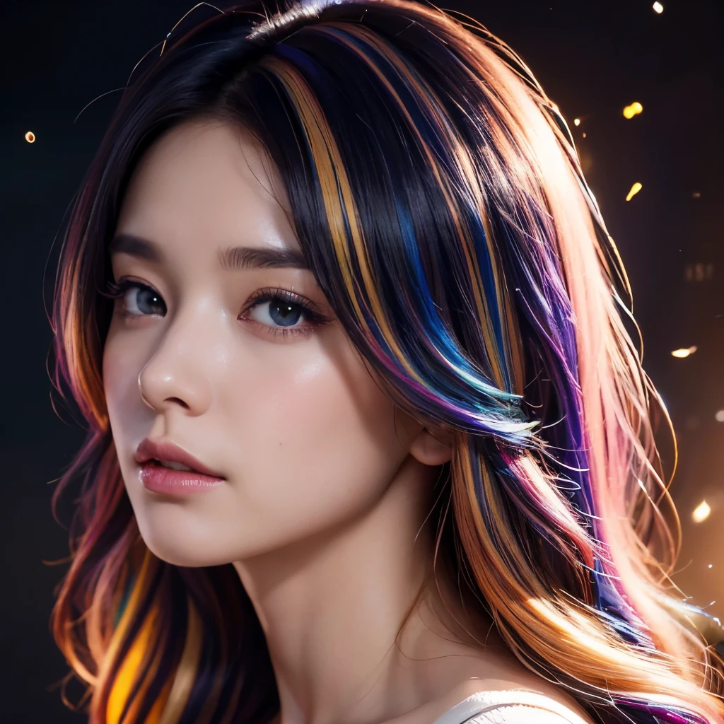 {{masterpiece}}, highest quality, Highly detailed CG Unity 8K wallpaper, cinematic lighting, Lens flare, beautiful detailed eyes, black, side line, multi-colored hair, colorful light, particle, heterochromia, (colorful:1.5), (colorful hair:1.5),
