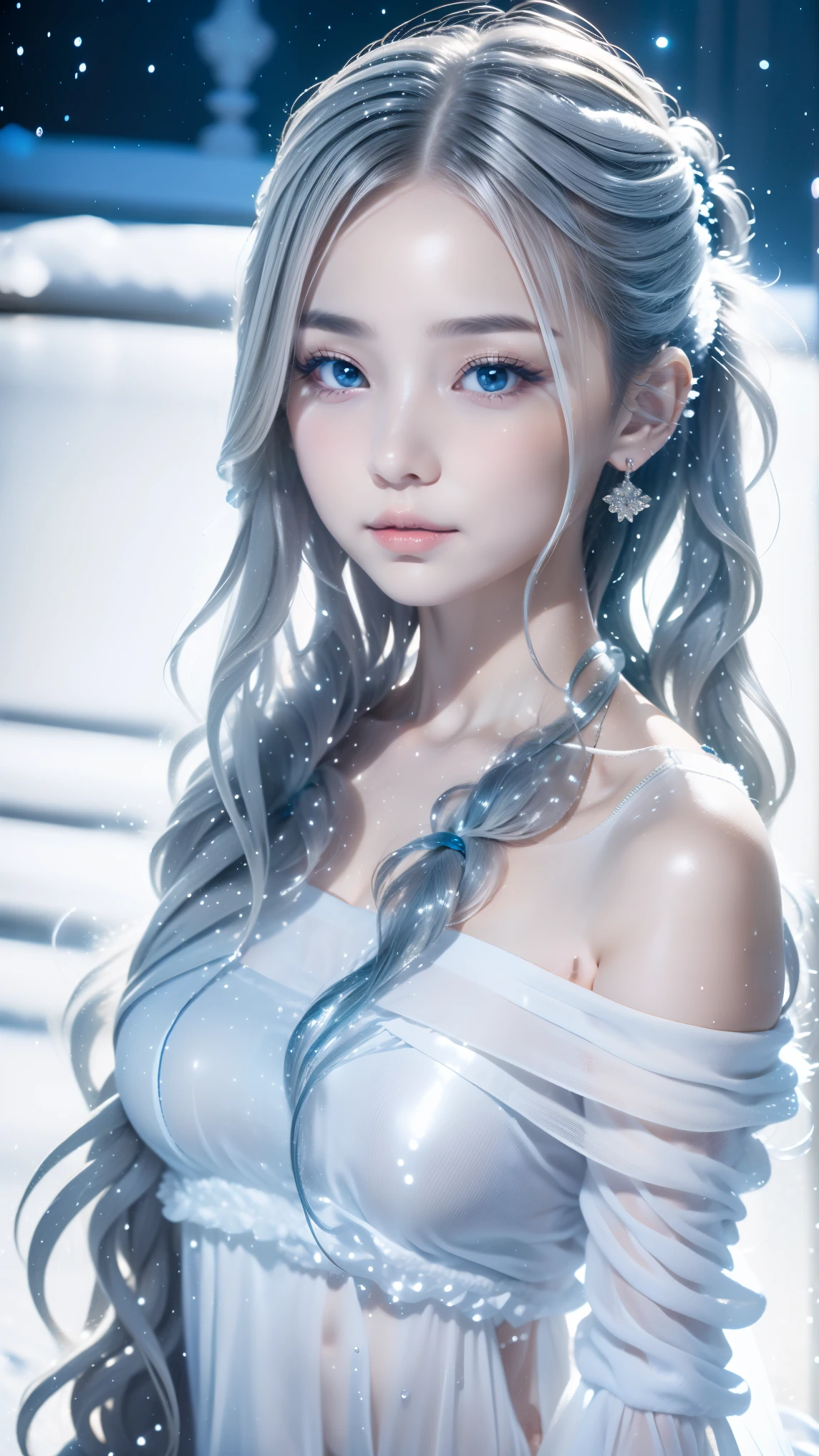 1 girl,(snow,ice), Snowflower, In winter, gray hair, shiny hair, wavy hair, transparent clothes, frills, race, wet clothes, off_shoulder, hair scrunchie,masterpiece, telescope lens, absurd, exquisite features