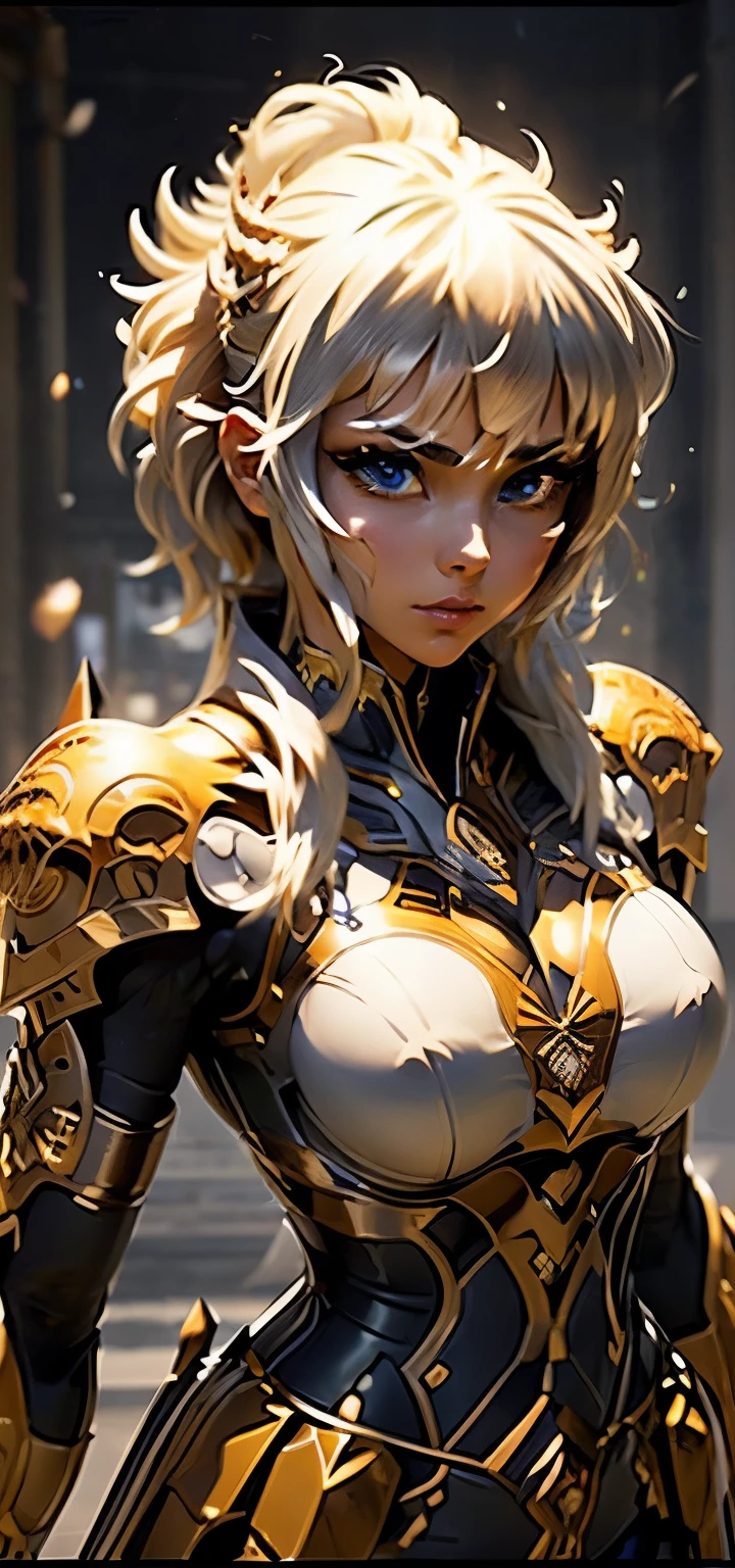 (( (master piece)，（Highly detailed CG Unity 8K wallpaper），best quality，cinematic lighting，detailed background，beautiful and fine eyes，bright pupils，（very elegant and beautiful），（Beautiful and detailed eye depiction），super detailed，master piece，High resolution)), curly,  Richly decorated armor, beautiful female warrior, (pixie cut:1.4, platinum blonde hair), cleavage