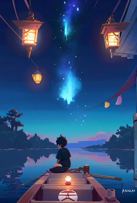 anime girl sitting on the boat holding a lantern and looking at the sky, makoto shinkai cyril rolando, anime art wallpaper 8k, a...