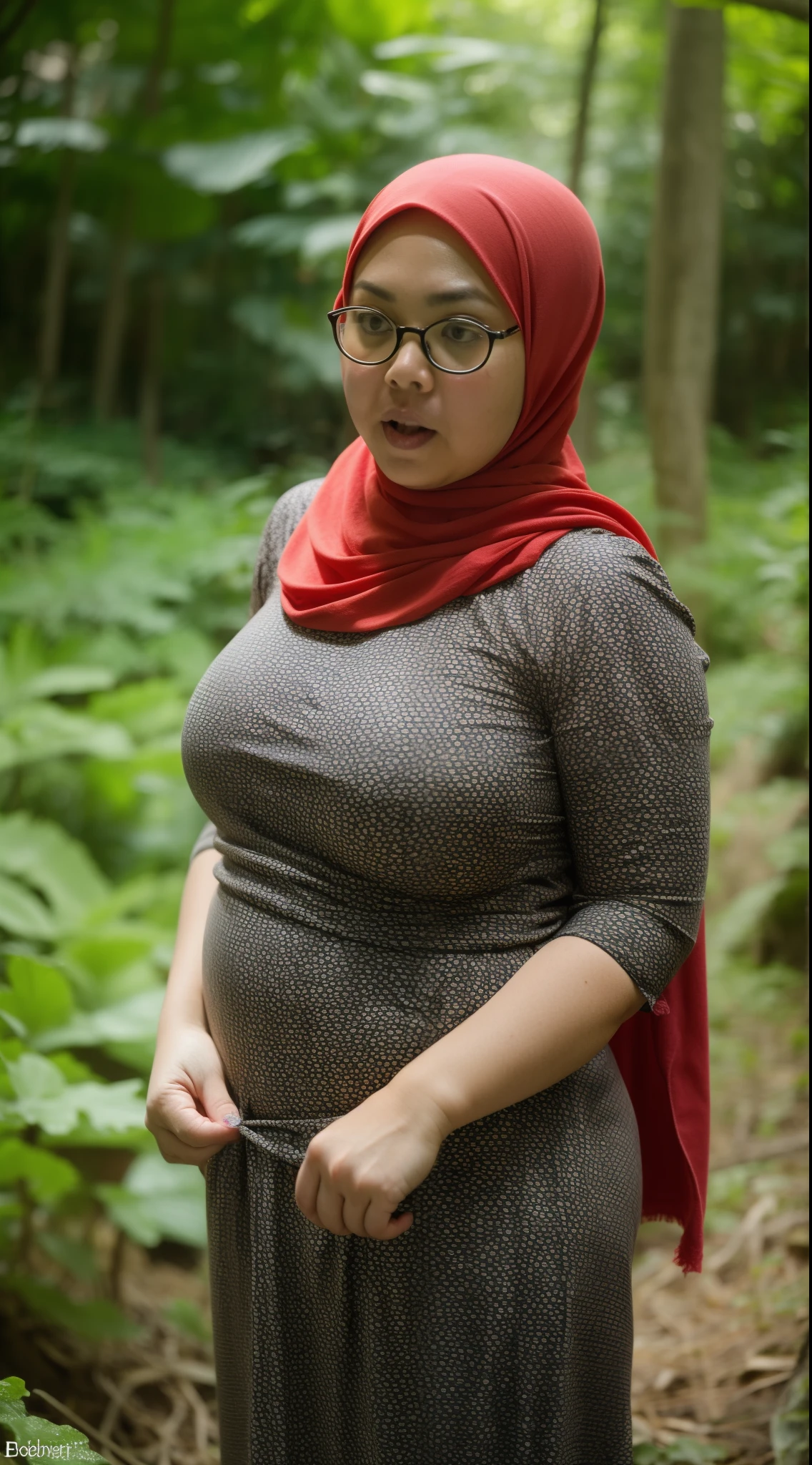 Pregnant woman in a red hijab in the woods - SeaArt AI