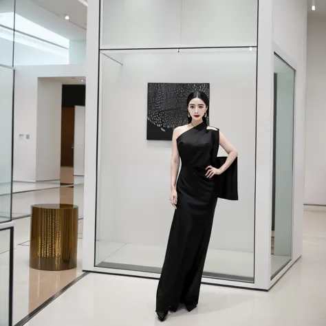 Ms Alafid stands in front of a display case，Shoes in hand, In the art museum], korean artist, Wearing black modern clothes, Inspired by Wang E, wenfei ye, Xision Wu, wearing a camisole and boots, Korean female fashion model, full body xianxia, Inspired by ...