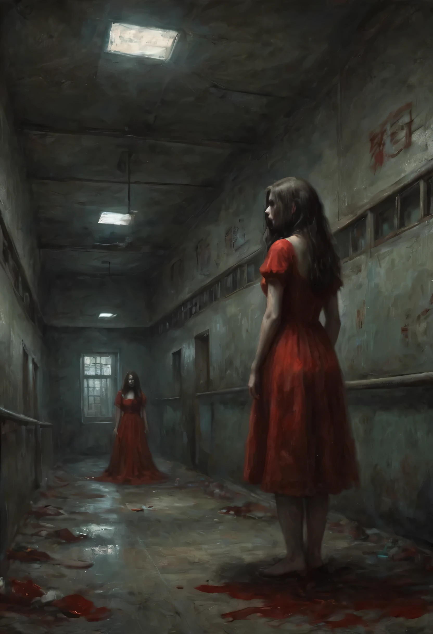 廢棄的病院，昏暗走廊兩側的籠子裡，無數雙手伸出，很多手，遠處的天空中懸浮著一個紅裙少女的奇異身影.，長髮遮住臉，什麼時候&#39;看不清臉。昏暗的燈光，詭異氣氛，陰森恐怖，令人不安的，蠕動。