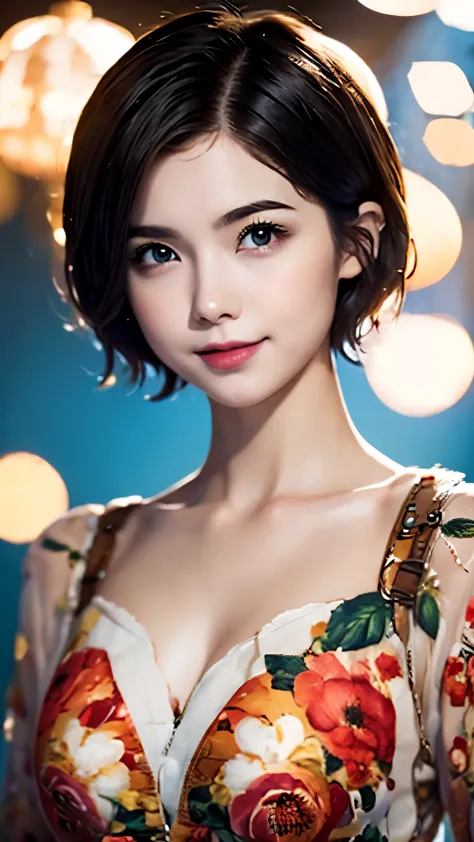 151
(20 year old woman,floral clothing), (surreal), (High resolution), ((beautiful hairstyle 46)), ((short hair:1.46)), (gentle smile), (breasted:1.1), (lipstick)
