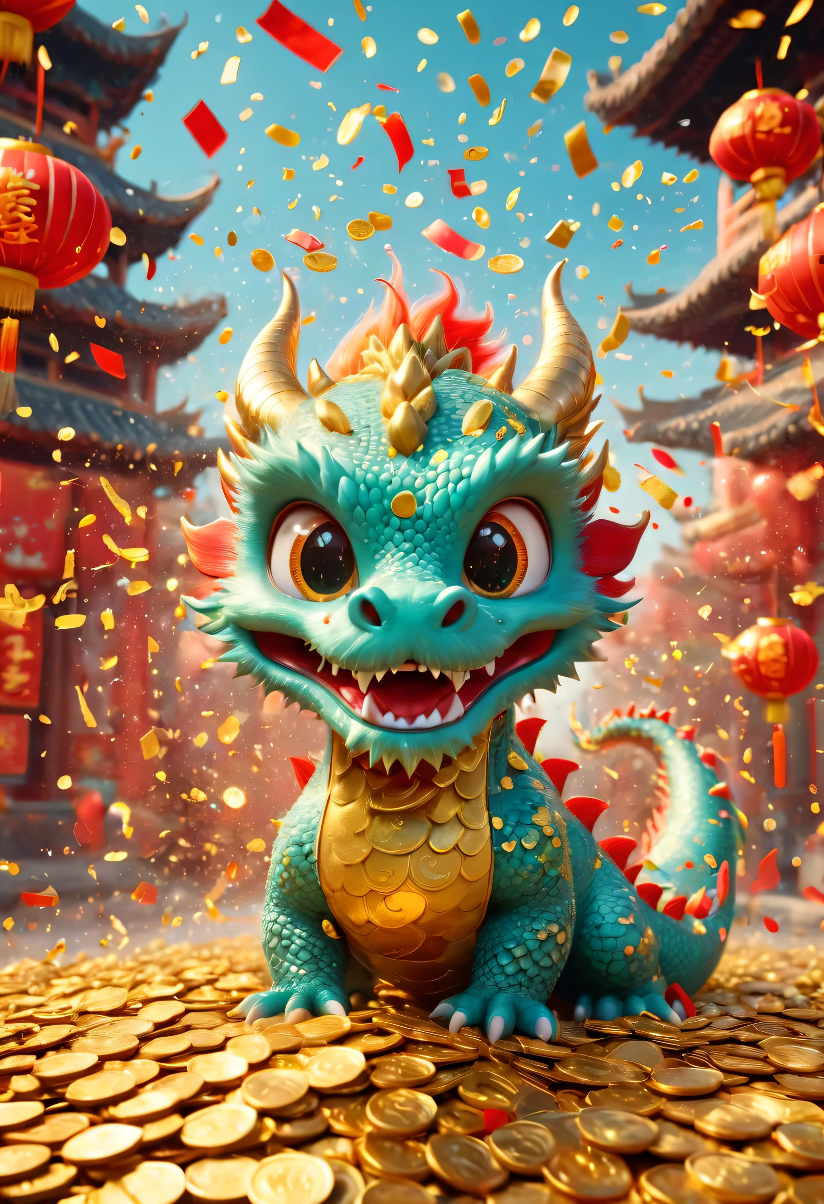 Chinese Lunar New Year has arrived，Oriental dragon close-up，big furry head，hairy body，green，color。There are many gold coins in the air，Red and gold confetti flying in the sky，Gold coin rain，A strong festive atmosphere，It was very lively。symmetry