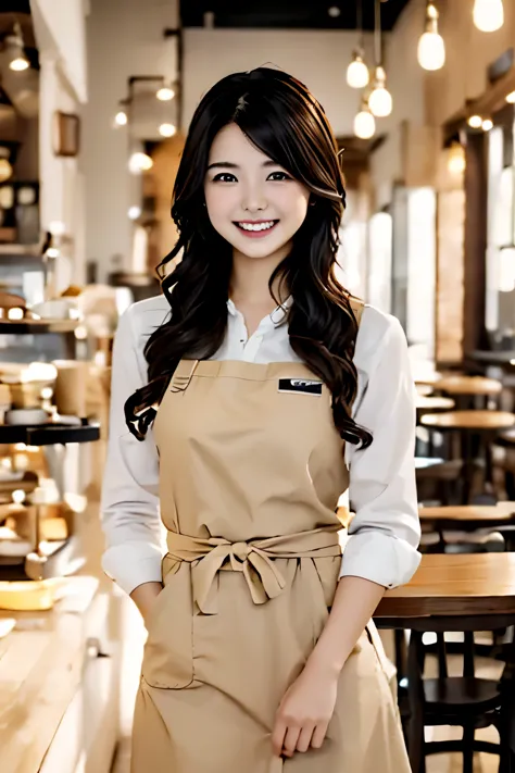 1. ((highest quality)),((masterpiece)),((realistic)),Portrait of a young waitress in a busy cafe,(friendly smile and efficient attitude:1.2),[expressive brown eyes],[apron and tray in hand],(Casual yet professional attire:1.3),[busy cafe background],(Captu...