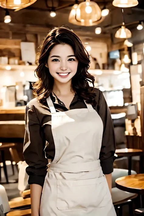 1. ((highest quality)),((masterpiece)),((realistic)),Portrait of a young waitress in a busy cafe,(friendly smile and efficient attitude:1.2),[expressive brown eyes],[apron and tray in hand],(Casual yet professional attire:1.3),[busy cafe background],(Captu...