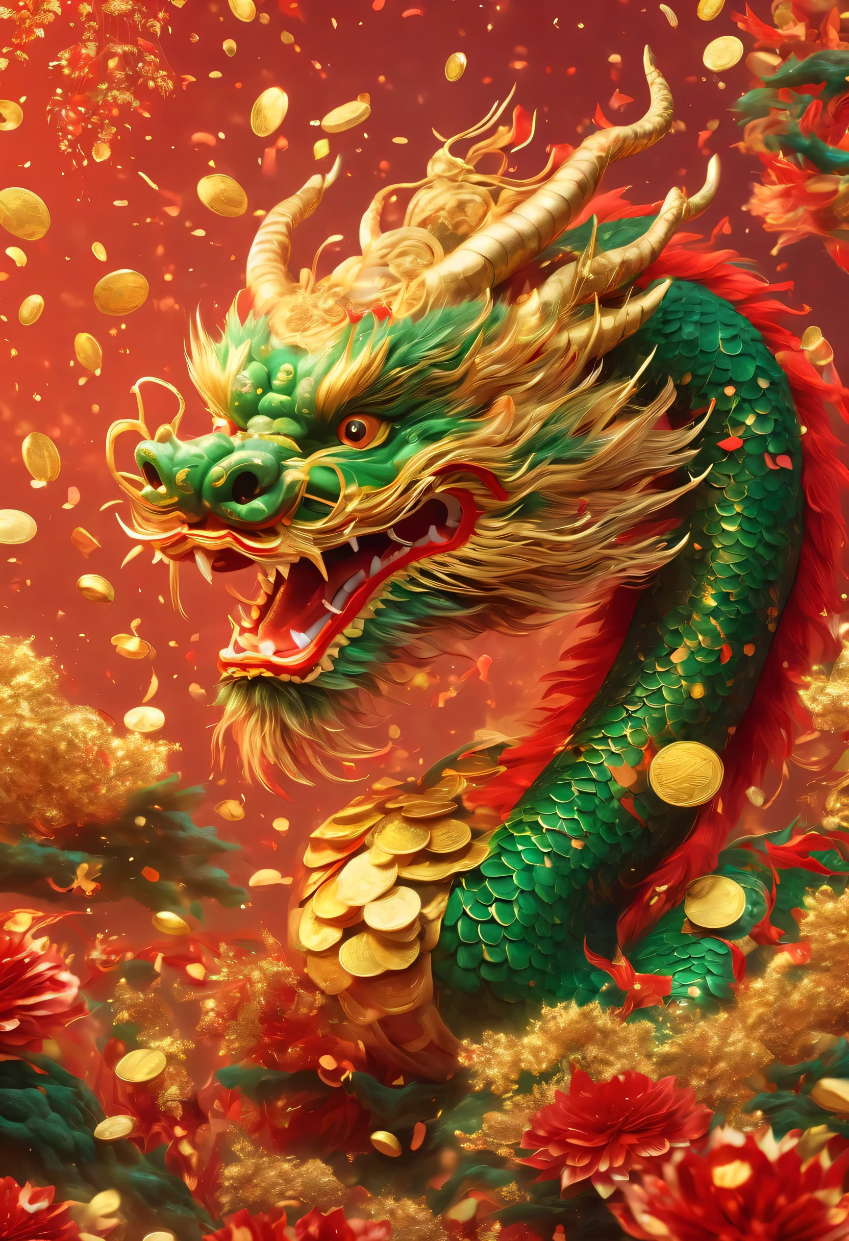 Chinese Lunar New Year has arrived，Oriental dragon close-up，big furry head，hairy body，green，color。There are many gold coins in the air，Red and gold confetti flying in the sky，Gold coin rain，A strong festive atmosphere，It was very lively。symmetry