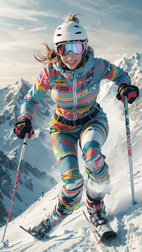 8k, best quality, highres, realistic, real person, A female skier, smiling joyfully and skiing down a breathtaking ski slope. Sh...