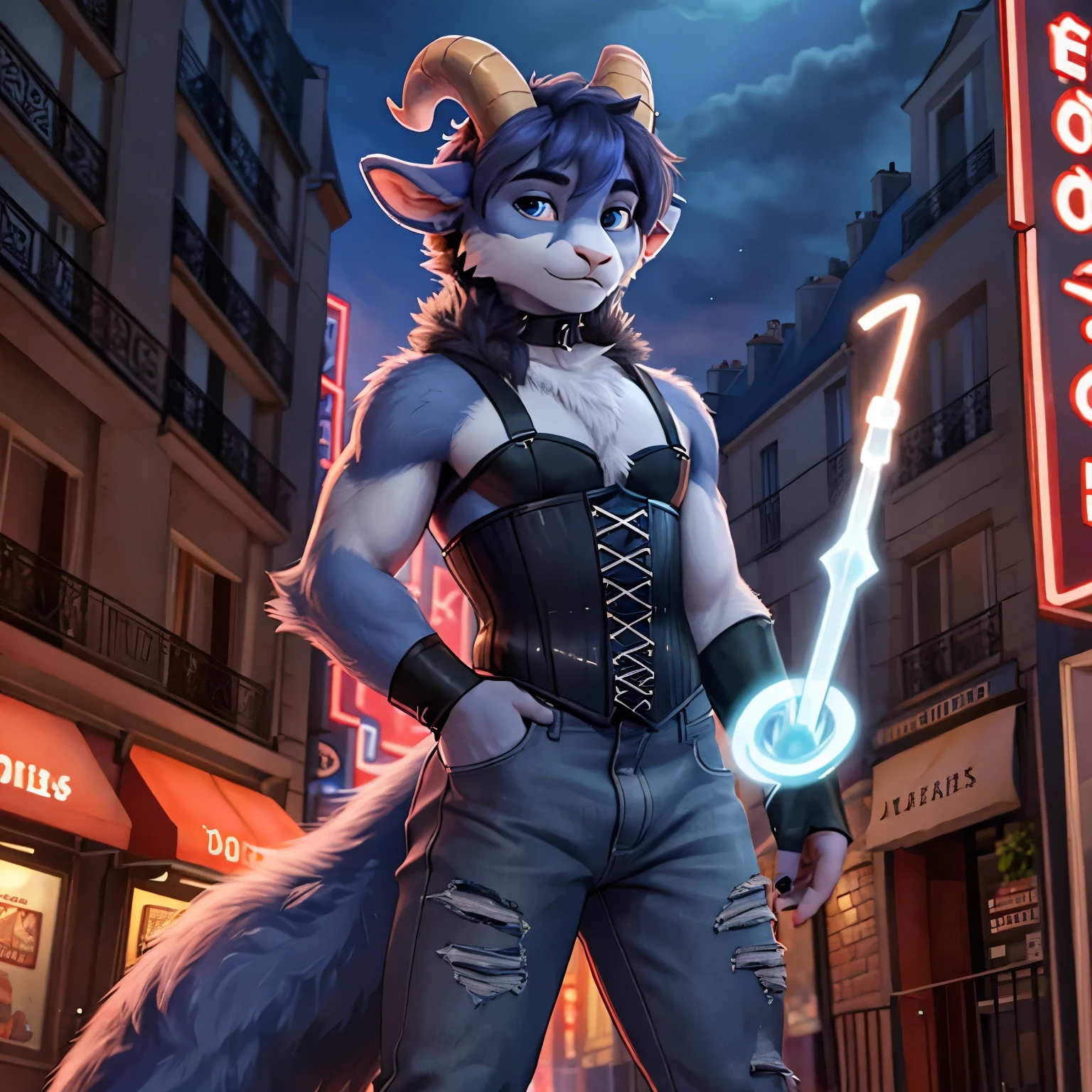 A femboy werewolf man with Dark Blue fur wearing a grey corset wearing gray jeans that is gray in coloring with goat horn sticking out of his head with a long magic wand standing in front of Paris