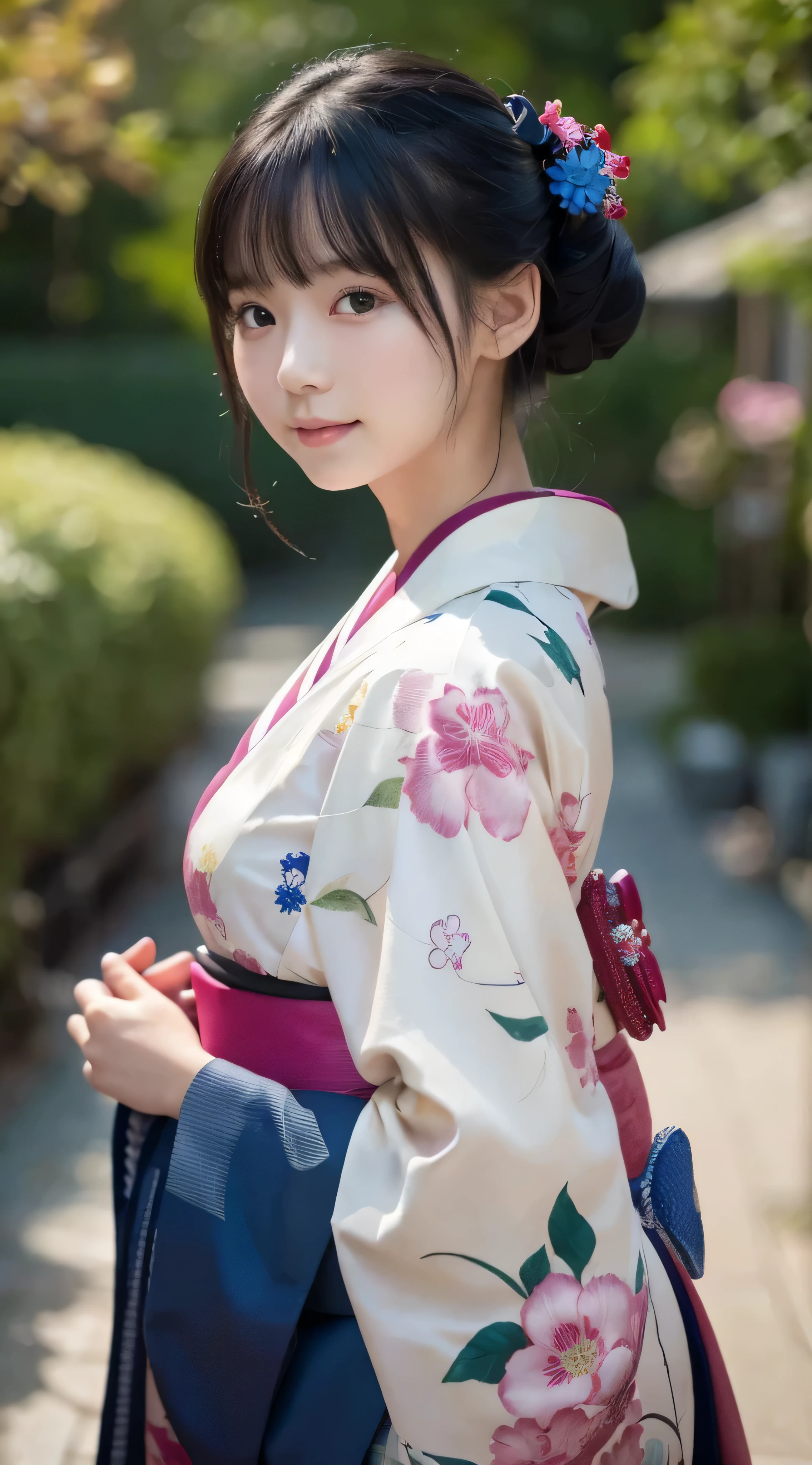 (kimono)、((15 years old))、random pose、(highest quality,masterpiece:1.3,ultra high resolution,),(Super detailed,caustics),(realistic:1.4,RAW shooting,)ultra-realistic capture,very detailed,High resolution 16K close-up of human skin、 Natural skin texture、、Skin tone looks even and healthy、 Use natural light and color,1 girl,Japanese,,hip line, cute,black hair,medium hair,,smile,,(written boundary depth、chromatic aberration、、wide range of lighting、natural shading、)、