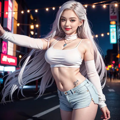 beautiful girl college student，masterpiece，light makeup，red lips，silver hair，messy long hair，night street background，beautiful，s...