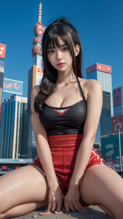 play sports often, (Power Ranger:1.2), (cleavage:1.2)、No panties, (Cyberpunk settings: 1.2), compensate,, (1 girl: 1.4), highest quality, masterpiece, (reality: 1.2), young woman, lady, detailed face, fine eyes, fine hair, fine skin, looking at the viewer, dramatic, vibrant, sharp focus, 50mm, f1.2, EOS R8, (3/4 body: 1.2), (bare shoulders:1.4), (With Akihabara in the background: 1.6), (highest qualityの詳細: 1.2), 8K HD,(spread legs:1.2),