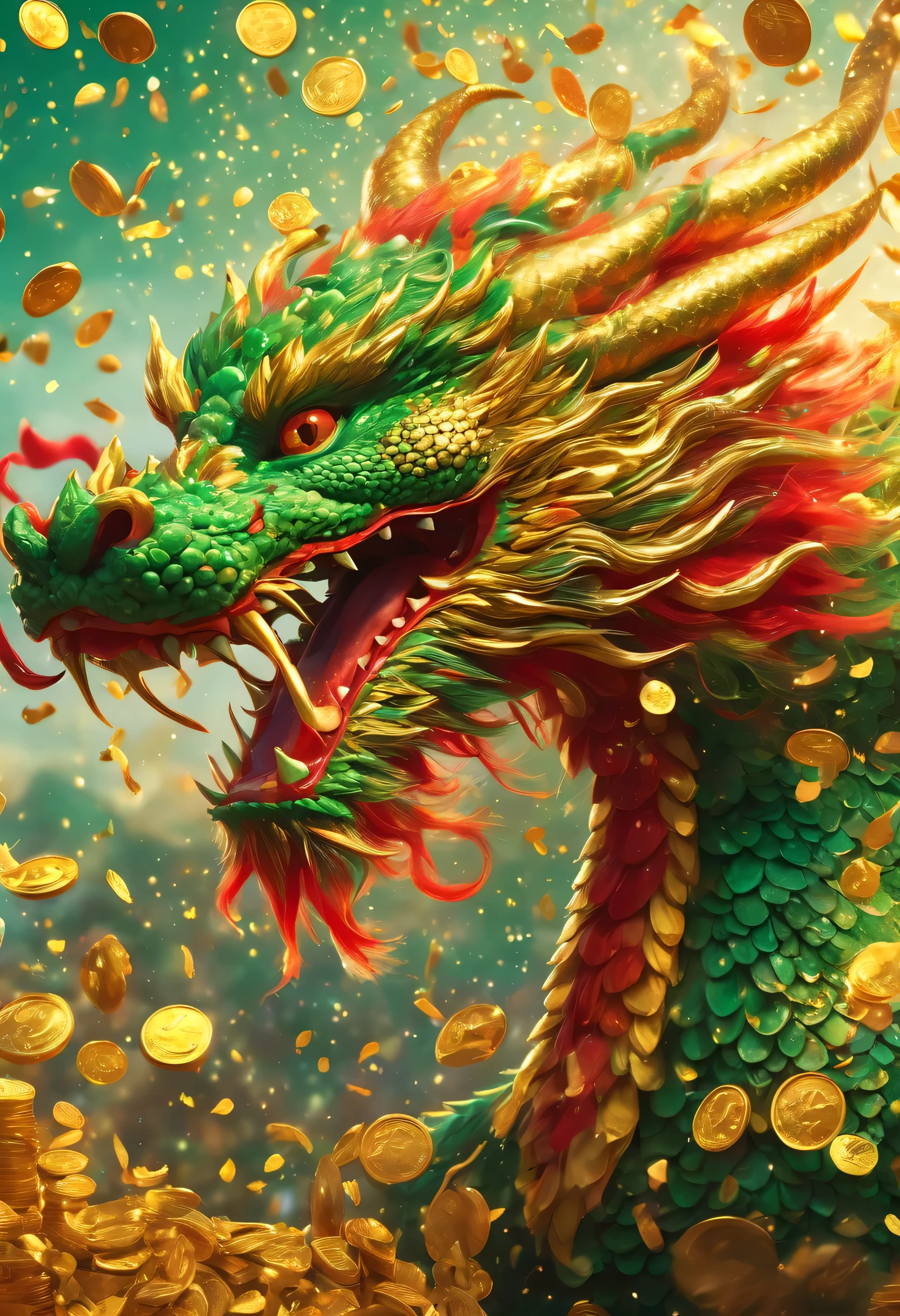 Chinese Lunar New Year has arrived，Oriental dragon close-up，big furry head，hairy body，green，color。There are many gold coins in the air，Red and gold confetti flying in the sky，Gold coin rain，A strong festive atmosphere，It was very lively。symmetry