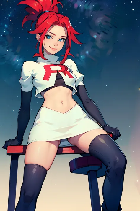 face of korsica,glossy lips ,team rocket uniform, red letter R, white skirt,white crop top,black thigh-high boots, black elbow gloves, smile, sitting down, looking down on viewer ,legs crossed, night sky background