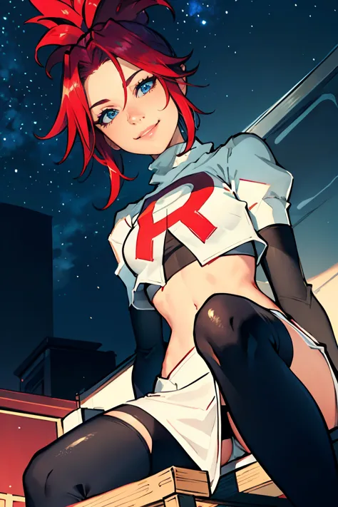face of korsica,glossy lips ,team rocket uniform, red letter R, white skirt,white crop top,black thigh-high boots, black elbow gloves, smile, sitting down, looking down on viewer ,legs crossed, night sky background