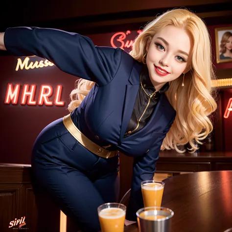 female businesswoman，masterpiece，light makeup，red lips，blonde，night bar background，liquor、beautiful，smile。super fine details、aut...