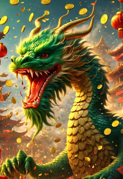 chinese lunar new year has arrived，oriental dragon close-up，big furry head，hairy body，green，color。there are many gold coins in t...