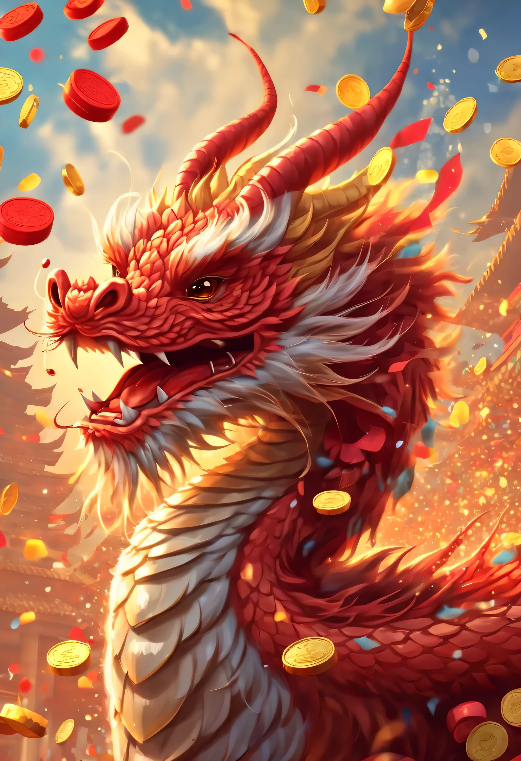 Chinese Lunar New Year has arrived，Oriental dragon close-up，big furry head，hairy body，green，color。There are many gold coins in the air，Red and gold confetti flying in the sky，Gold coin rain，A strong festive atmosphere，It was very lively。symmetry