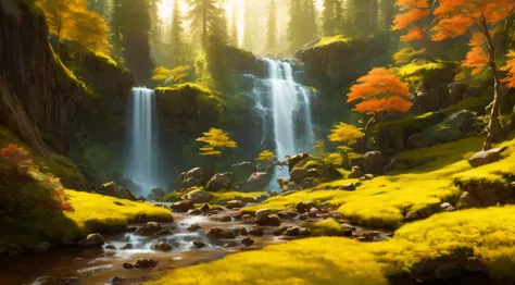 ChromaV5, (extremely detailed CG unity 8k wallpaper),
A Landscape of a stream in a majestic forest surrounded by lush yellow ald...