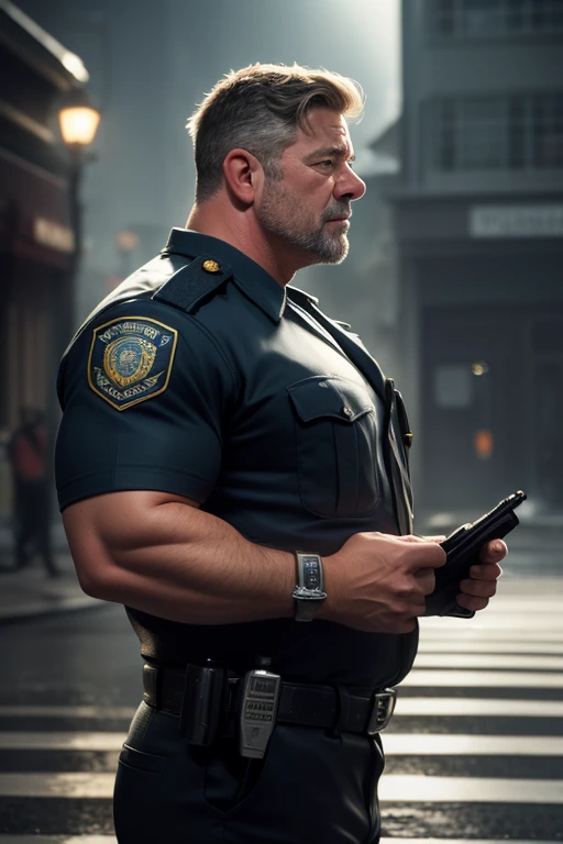 side view, Police man, Russel Crowe, gordo barriga saliente, grabbing a pelve de outro homem, penis ereto para fora abraço por trás, oil painting, ultra-detailed, realistic:1.37, dark atmosphere, professional lighting, shadows and highlights, strong facial expression, emotions, authoritative stance, handcuffs, police uniform, vintage police car, raindrops, dramatic composition, intense color contrast, dramatic lighting, cinematic ambiance, wet pavement, serious gaze, determined eyes, furrowed brows, gripping intensity, rugged features, textured skin, vibrant colors, bold brushstrokes.
