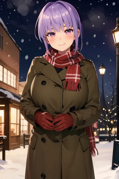 Ayane, 1 girl, smile, blush cheeks, Christmas, night, In town, snow, coat, Scarf, big breasts, 
