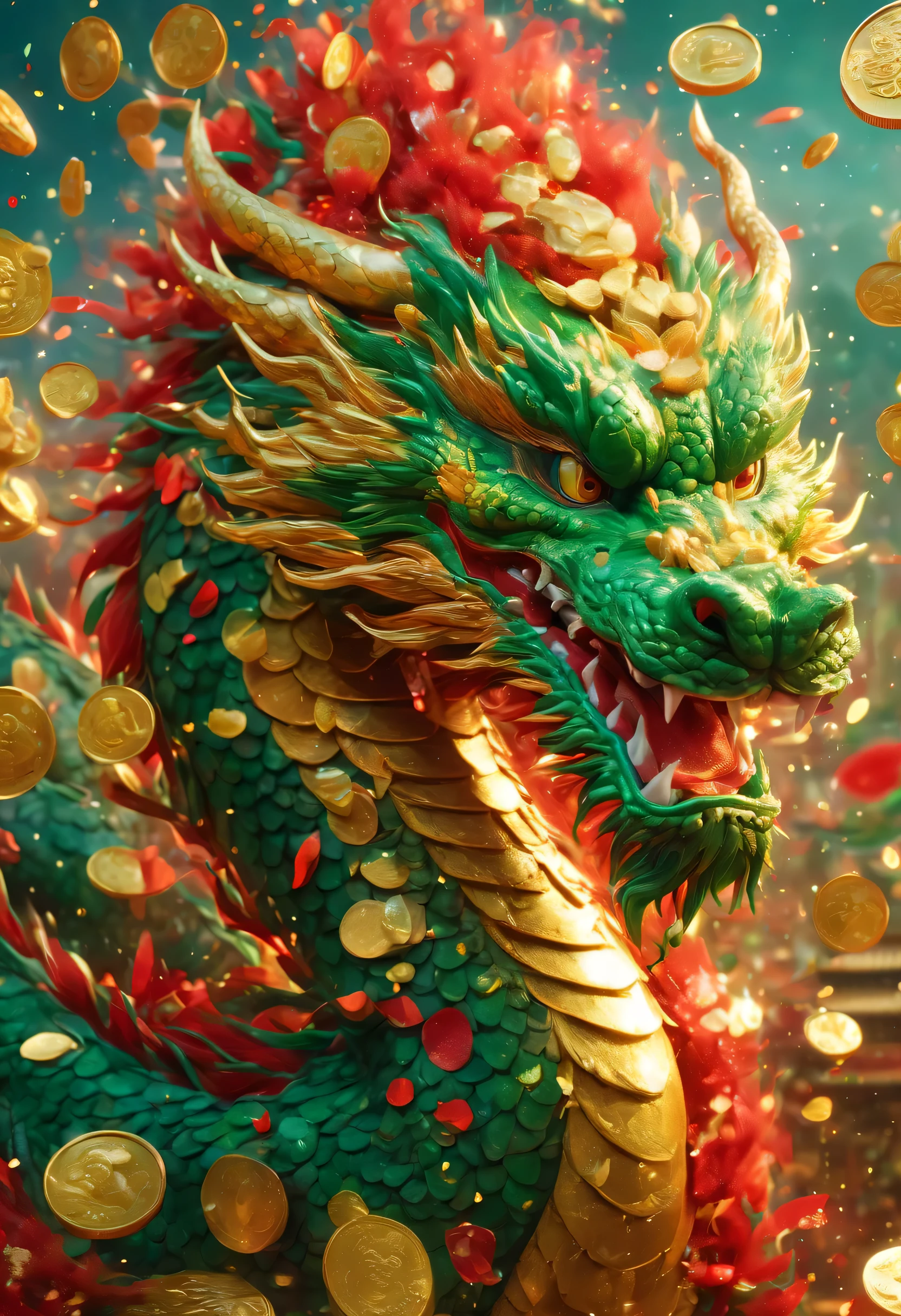 Oriental dragon close-up，big furry head，hairy body，sharp claws，green，color。There are many gold coins in the air，Red and gold confetti flying in the sky，Gold coin rain，A strong festive atmosphere，It was very lively。symmetry