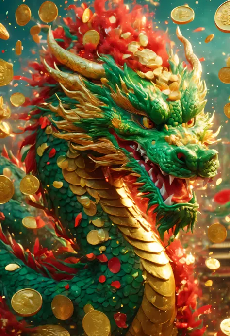 Oriental dragon close-up，big furry head，hairy body，sharp claws，green，color。There are many gold coins in the air，Red and gold con...