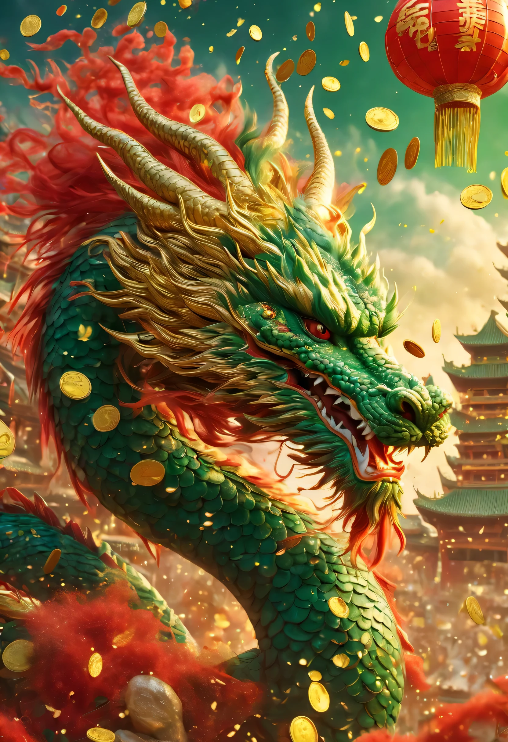 Chinese Lunar New Year has arrived，Oriental dragon close-up，big furry head，hairy body，green，color。There are many gold coins in the air，Red and gold confetti flying in the sky，Gold coin rain，A strong festive atmosphere，It was very lively。symmetry