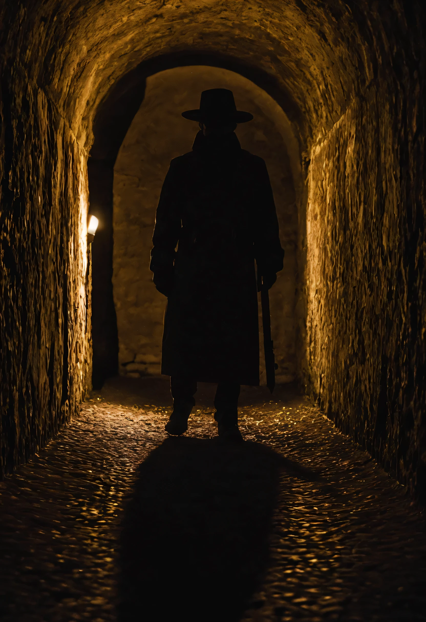 Deep within the Paris catacombs, a lone explorer navigates the shadowy tunnels, interacting with the haunting remnants of the past, dark and sinister lighting, Their posture is tense and cautious, reflecting the eerie atmosphere of the underground labyrinth