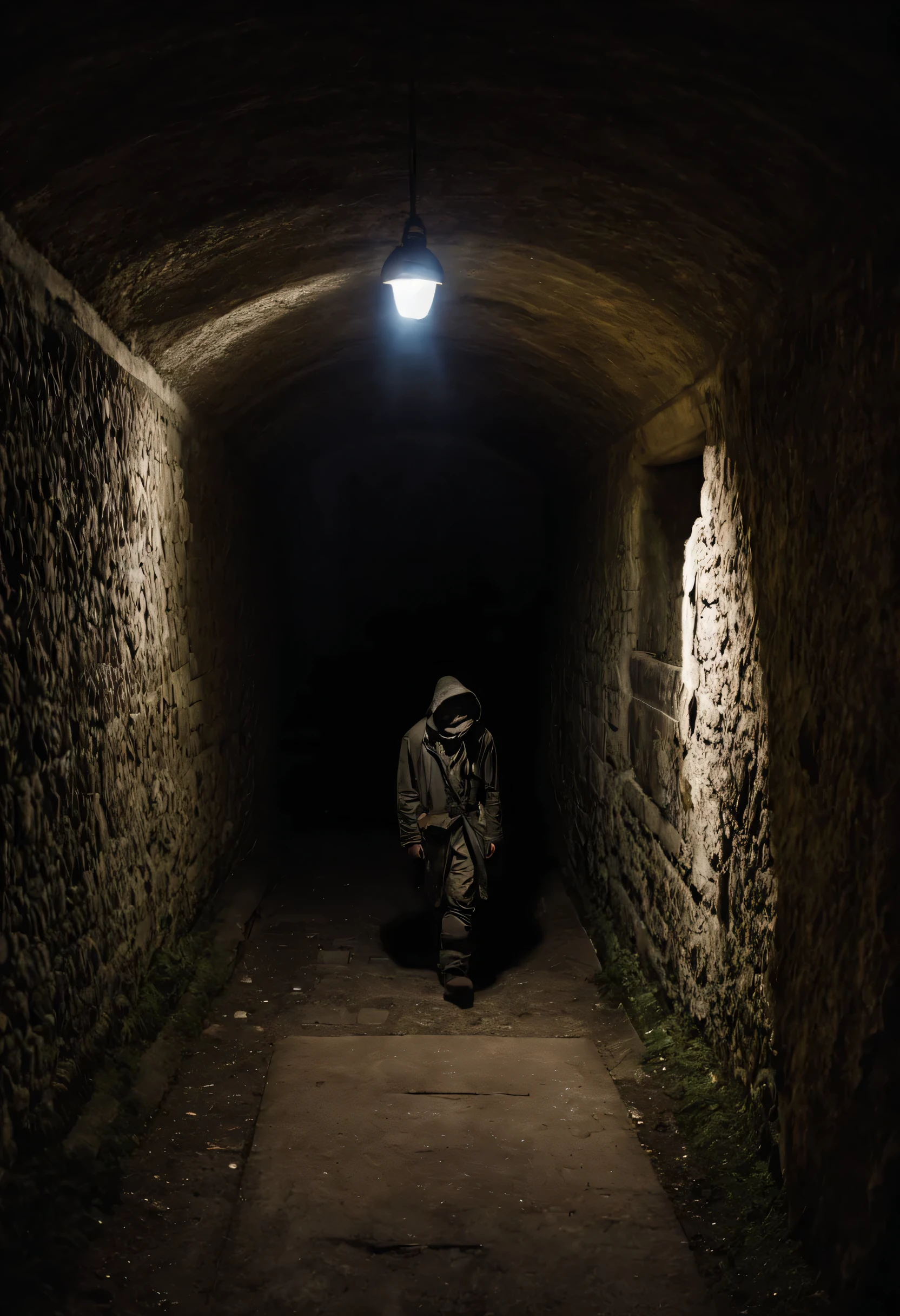 Deep within the Paris catacombs, a lone explorer navigates the shadowy tunnels, interacting with the haunting remnants of the past, dark and sinister lighting, Their posture is tense and cautious, reflecting the eerie atmosphere of the underground labyrinth