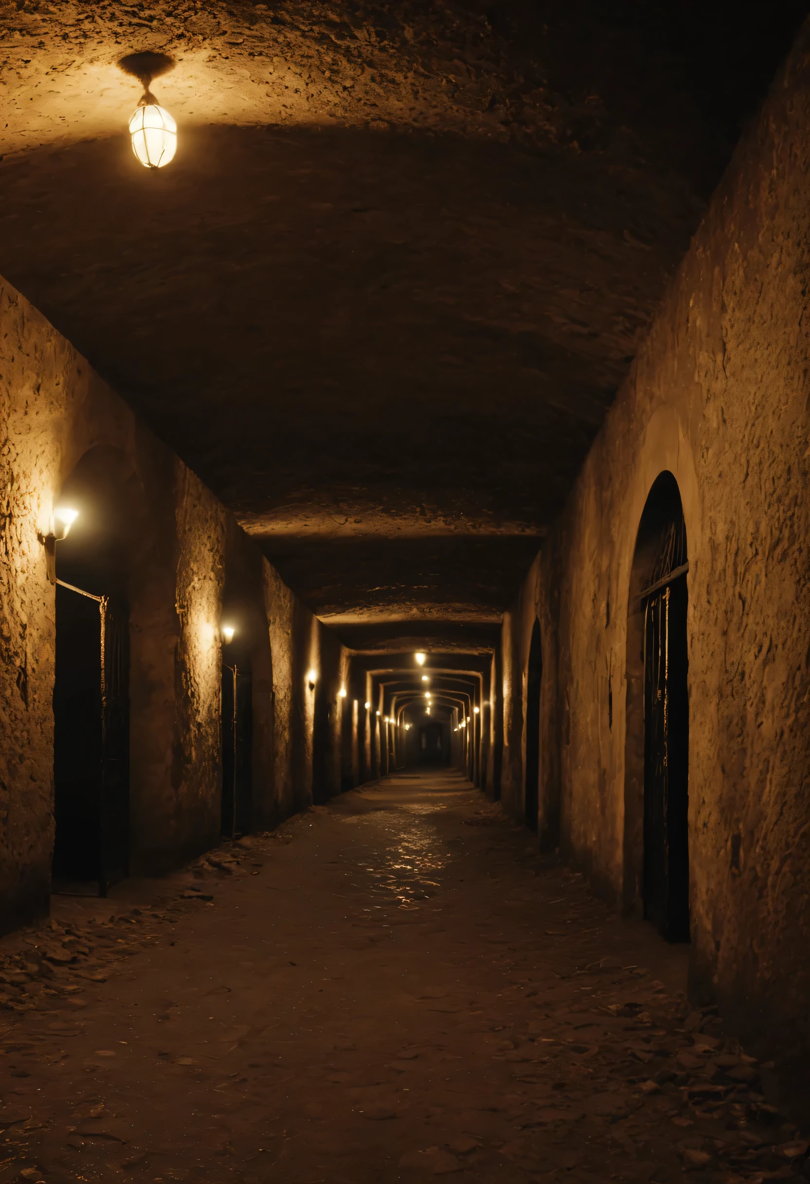 Deep within the Paris catacombs, a lone explorer navigates the shadowy tunnels, interacting with the haunting remnants of the past, dark and sinister lighting, Their posture is tense and cautious, reflecting the eerie atmosphere of the underground labyrinth