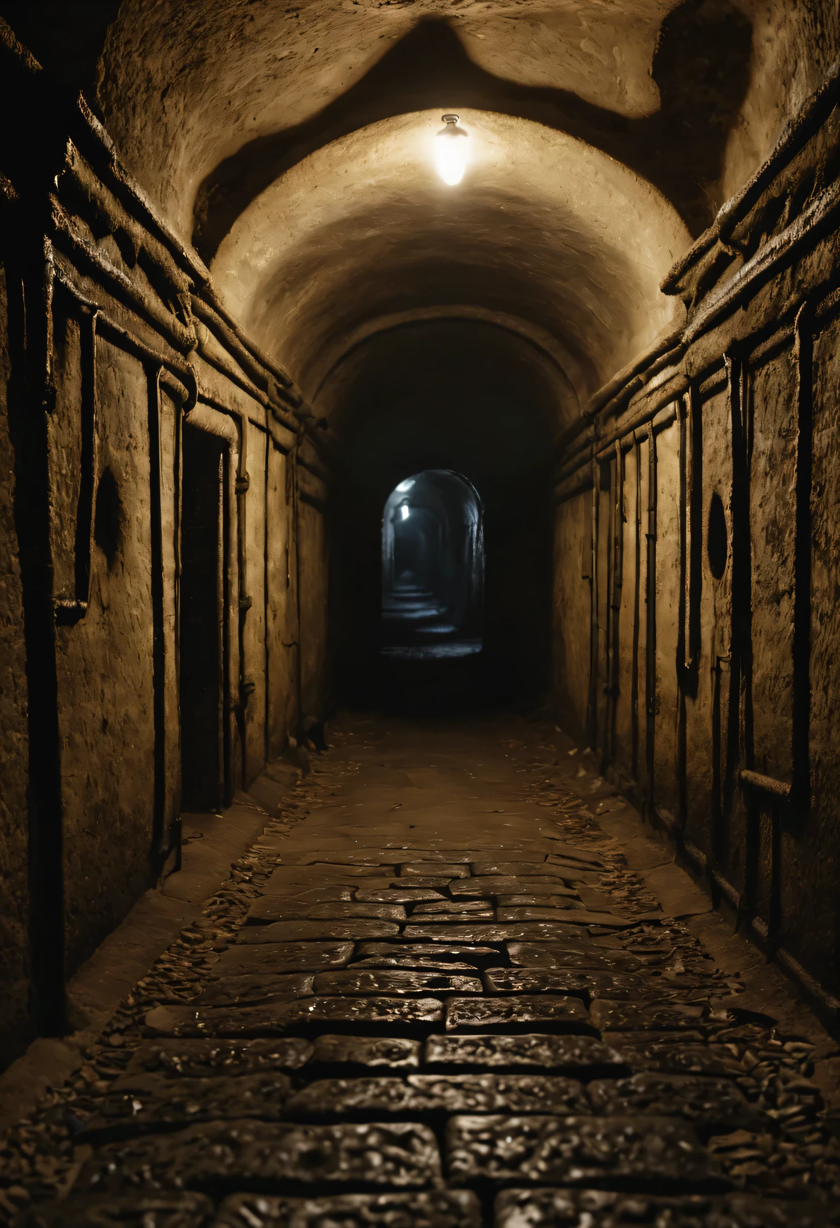 Deep within the Paris catacombs, a lone explorer navigates the shadowy tunnels, interacting with the haunting remnants of the past, dark and sinister lighting, Their posture is tense and cautious, reflecting the eerie atmosphere of the underground labyrinth