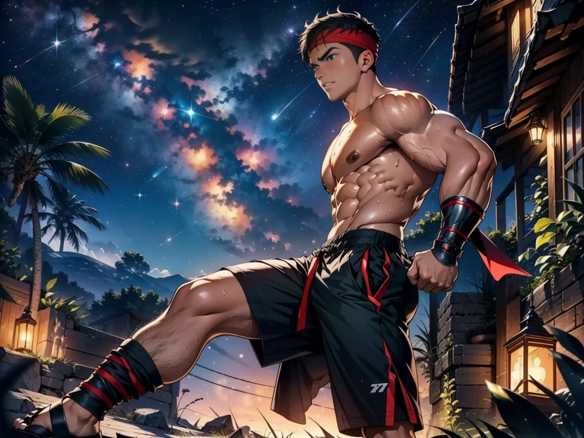 (Masterpiece, Best quality, 18 year old boy, 8k, ultra-detailed), (from side, worm eyes, thin lips), (1 boy, solo), Young, (teenager), (Dark Short straight hair, under cut, black eyes), Shirtless, topless, (Red headband, black shorts, (gauntlet), boot sandals), (Depth of field:1.2), (Abs, chest, upper arms), (topless male), man with martial arts stance, athretic body, (Starry night), serious, sweat, epic dinamic pose