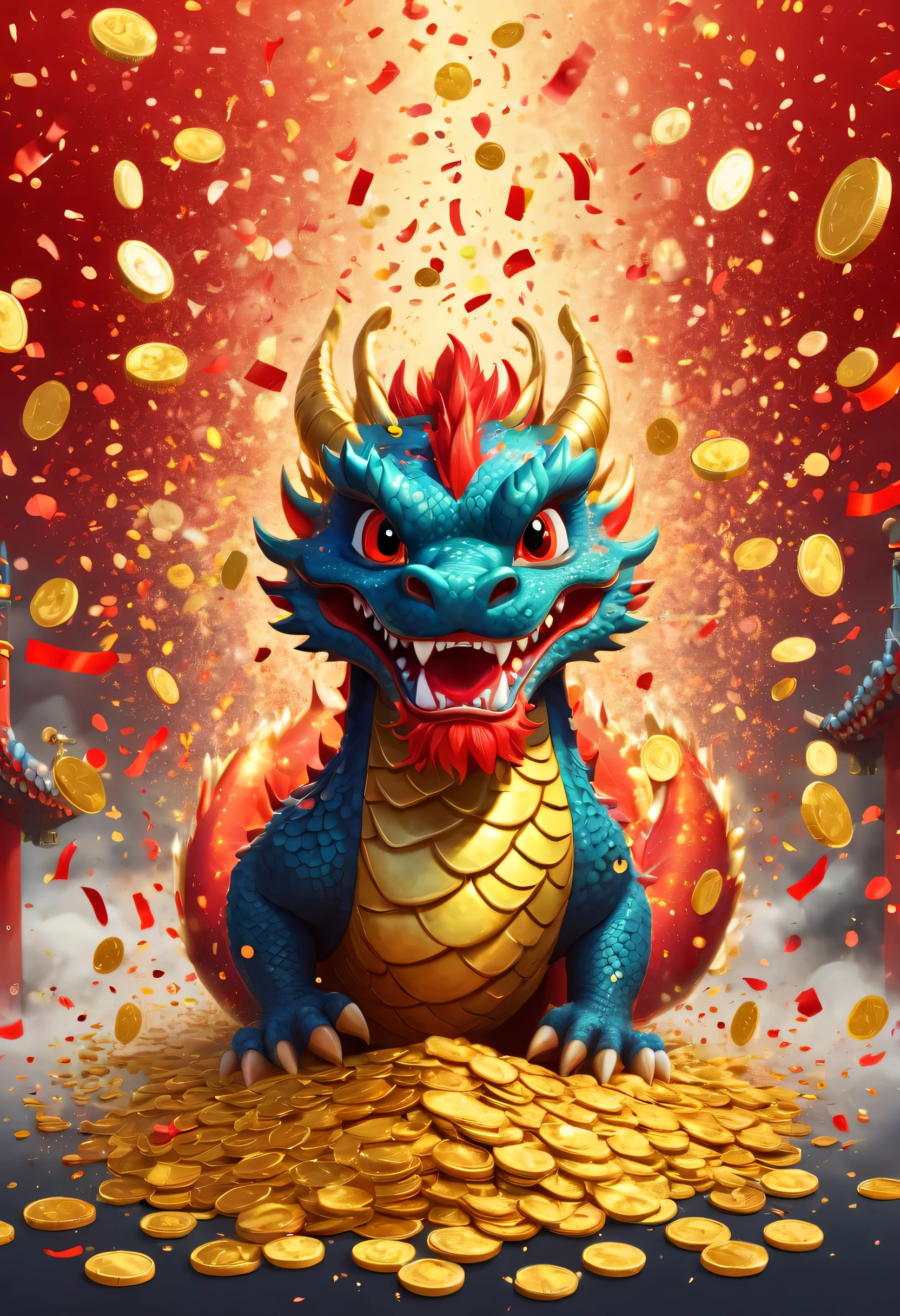 Chinese Lunar New Year has arrived，baby oriental dragon，hairy body，big furry head，blue，Silly dragon，interesting。Many gold coins burst out from firecrackers，Red and gold confetti flying in the sky，Gold coin rain，A strong festive atmosphere，It was very lively。