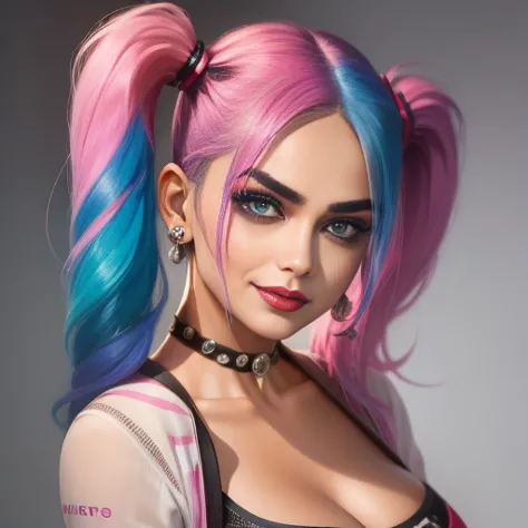 "prompt": "Describe the face of {{cute mrunalt}} as Harley Quinn, with pink and blue hair color.", "context": "mrunalt's portray...